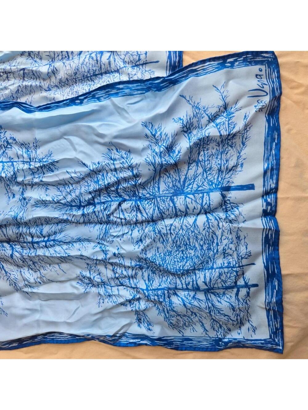 Vintage Vera Neumann 100% Silk Scarf Handkerchief Blue Forest